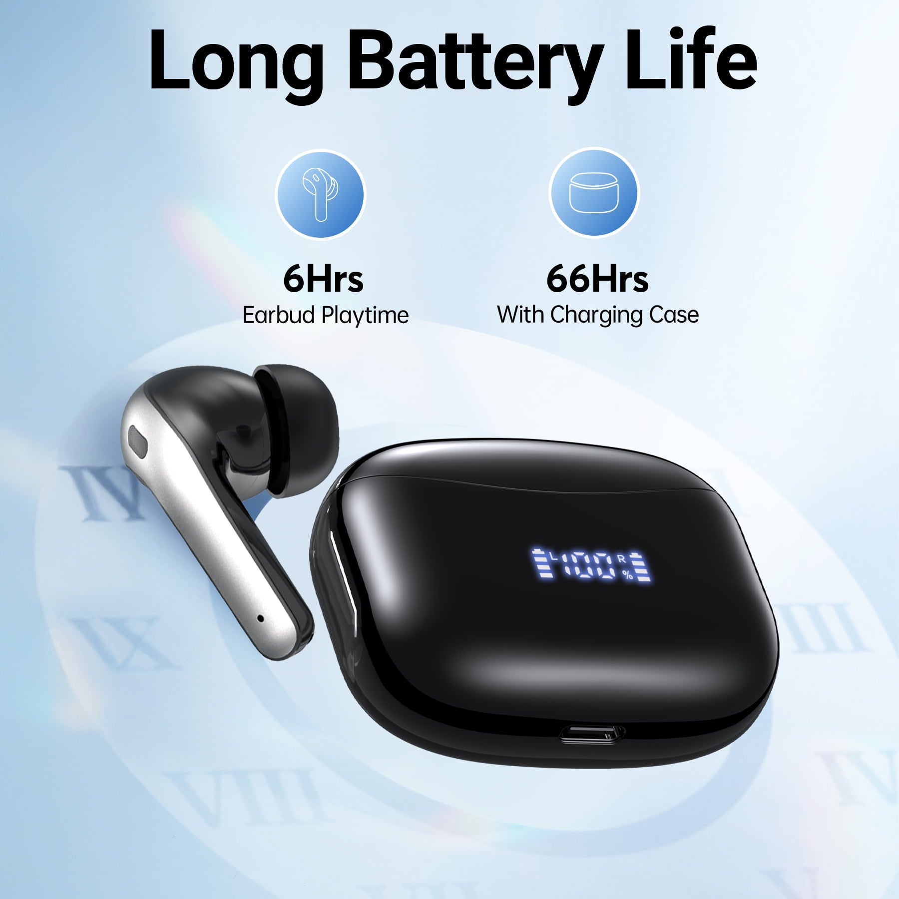 VEATOOL X15 Wireless Earbuds Bluetooth 5.3 Headphones,72H Hi-Fi Stereo Deep Bass Earphones with Noise Cancelling Mic IP7 Waterproof Sport Headset with LED Power Display for Laptop Pad Phones Black