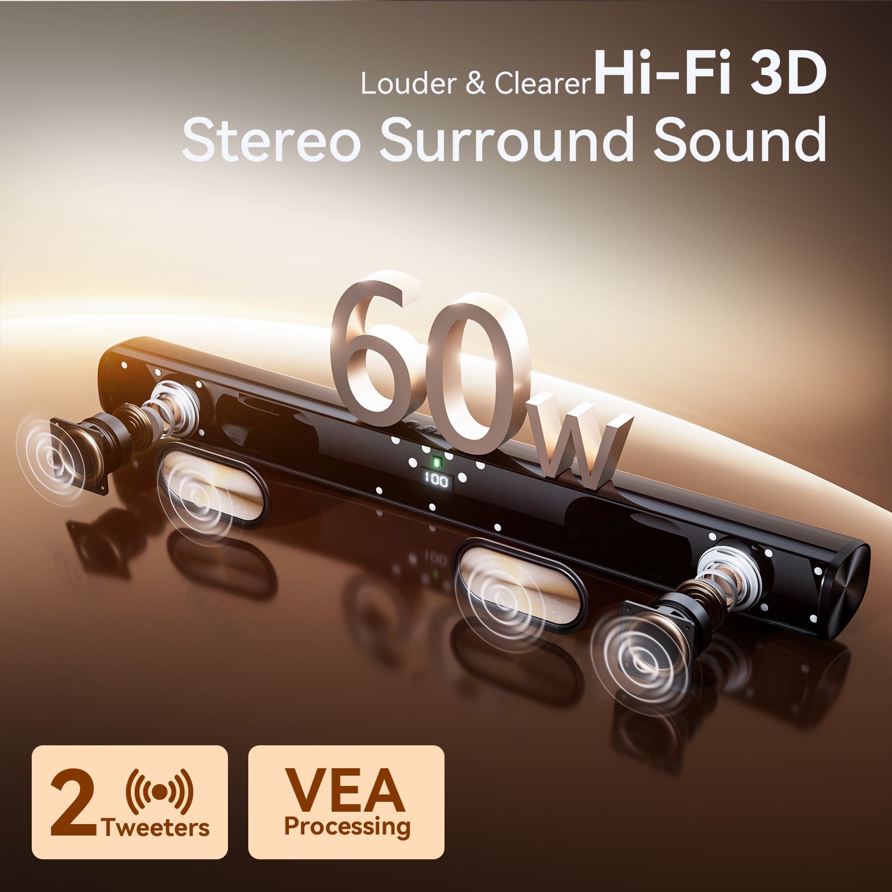 VEATOOL Sound Bar for TV,60W Soundbar Surround Sound Home Theater System,27 Inch TV Speaker with DSP Dynamic Sound,Work with 4K & HD TVs,COAX& Optical, AUX,Bluetooth,Wireless Streaming,Wall Mountable