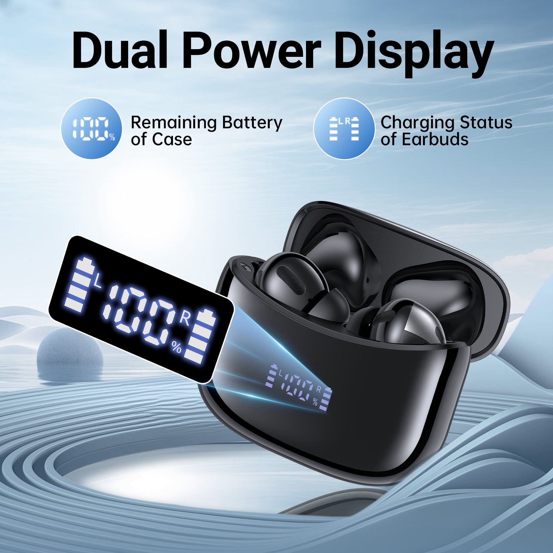 VEATOOL X15 Wireless Earbuds Bluetooth 5.3 Headphones,72H Hi-Fi Stereo Deep Bass Earphones with Noise Cancelling Mic IP7 Waterproof Sport Headset with LED Power Display for Laptop Pad Phones Black