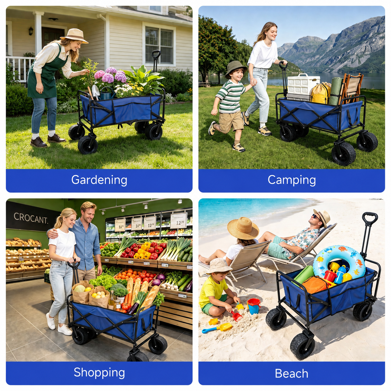 ANSFIL Collapsible Wagon with Wheels, Wagons Carts Foldable Wagon Cart with Flexible Handle, Folding Utility Heavy Duty Wagons Carts for Grocery Shopping Garden，Blue