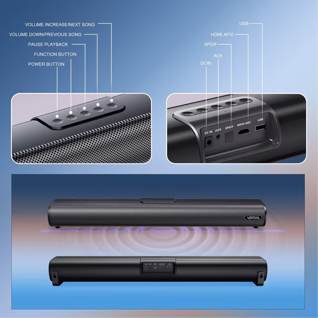 VEAT00L S20L Sound Bars for TV, 3D Surround Sound System TV Sound Bar, 2.1 ch Home Theater Audio with Built-in Subwoofer,50W TV Speakers | HDMI ARC, Bluetooth, Optical, RCA, USB & AUX Wall Mountable