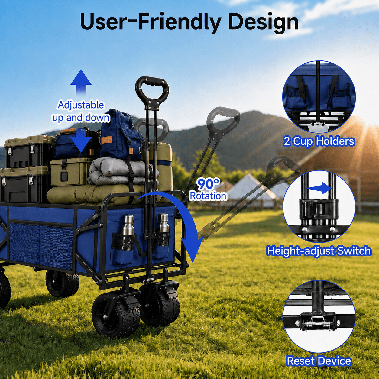 ANSFIL Collapsible Wagon with Wheels, Wagons Carts Foldable Wagon Cart with Flexible Handle, Folding Utility Heavy Duty Wagons Carts for Grocery Shopping Garden，Blue