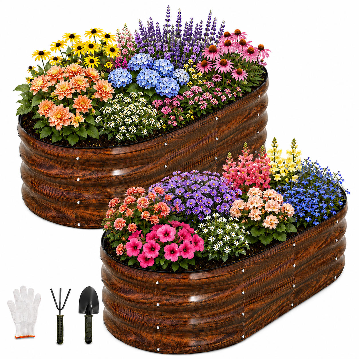 2 Pack 4x2x1 FT Galvanized Raised Garden Bed with Rubber Strip Edging, Metal Raised Planters Box for Gardening,Easy Assembly Garden Bed Kit,Brown
