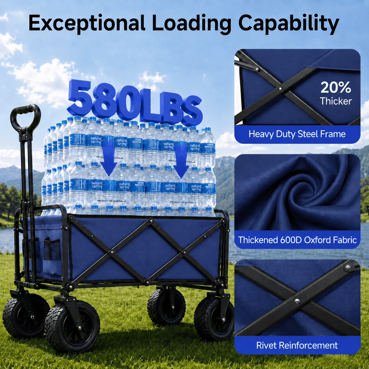 ANSFIL Collapsible Wagon with Wheels, Wagons Carts Foldable Wagon Cart with Flexible Handle, Folding Utility Heavy Duty Wagons Carts for Grocery Shopping Garden，Blue