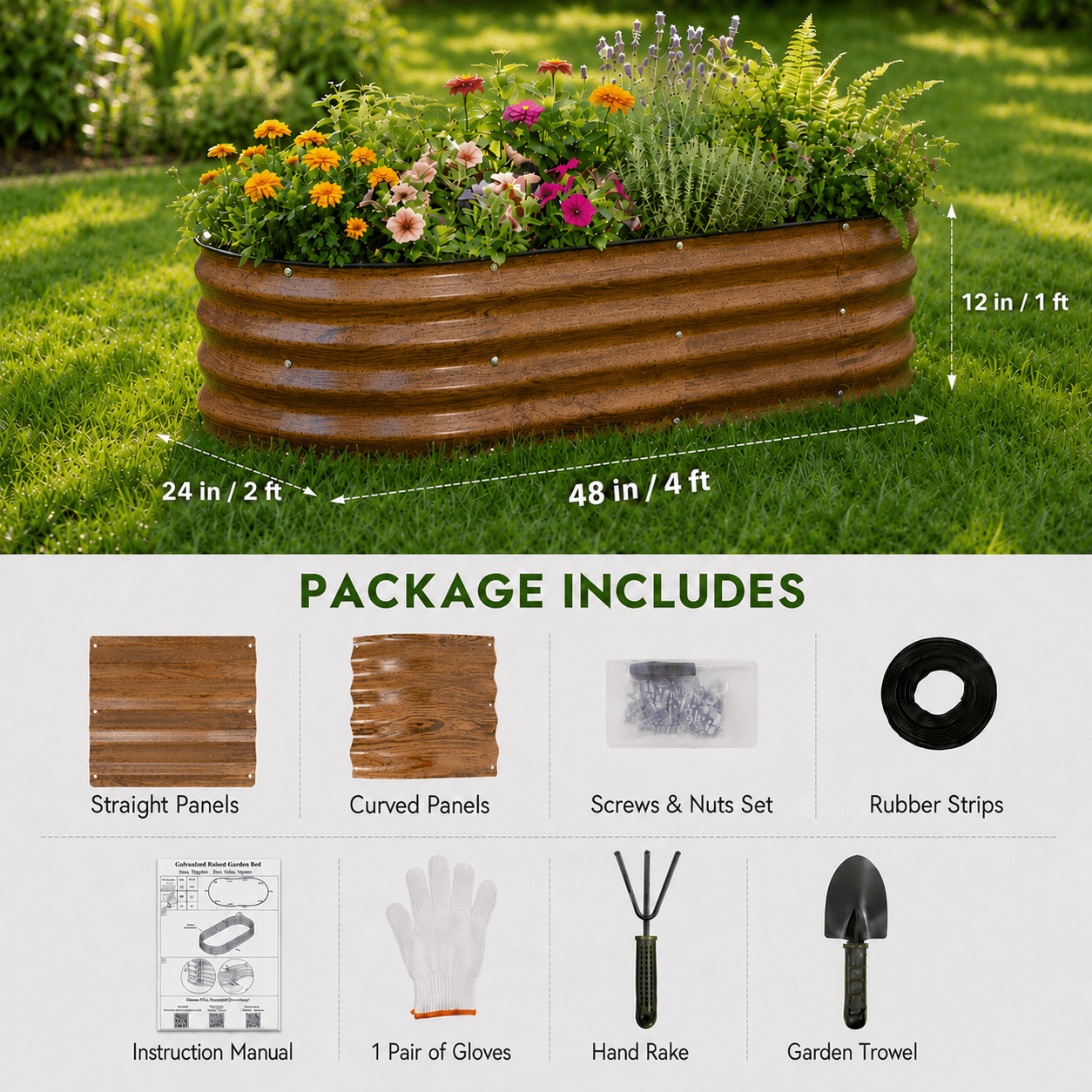 4×2×1 FT Galvanized Raised Garden Bed Kit, Metal Planter Box with Rubber Strip Edging for Safety, Large Vegetable & Herb Garden Bed for Patio, Backyard, Balcony – Heavy Duty & Rustproof