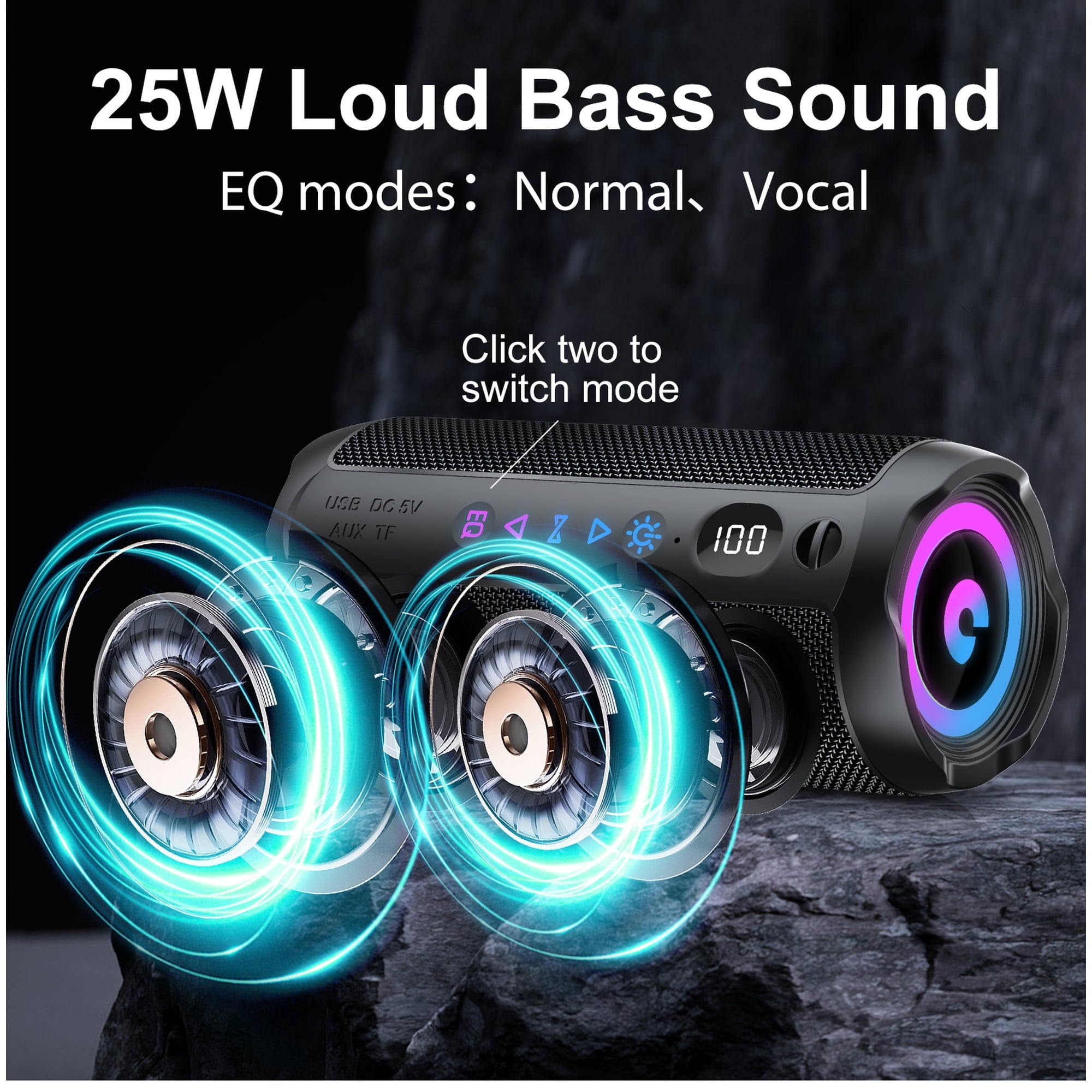 Portable Bluetooth Speaker IPX7 Waterproof, 25W Loud Sound, Deep Bass, Bluetooth 5.4, LED Lights, Wireless Stereo Pairing, 25H Playtime, for Home/Outdoor/Party/Beach, Birthday Gift (Black)